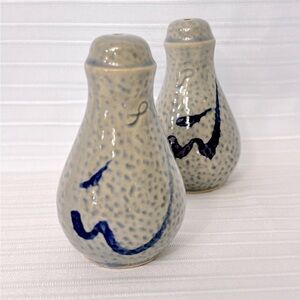 Vintage Stoneware Salt Glaze Blue Gray Salt and Pepper Shaker Set